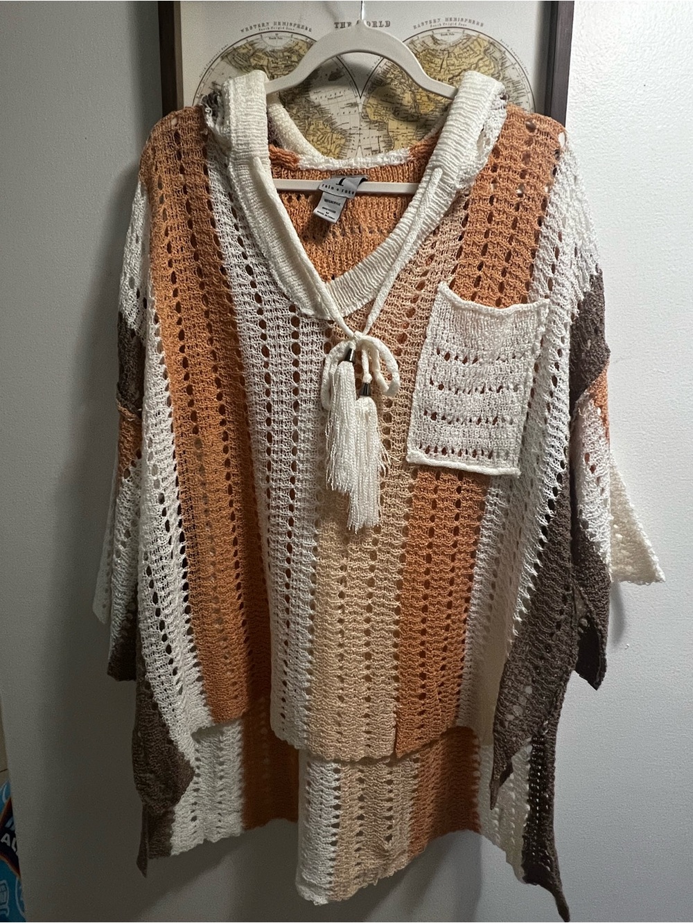 Striped Crochet Hooded Poncho Sweater - Cream, Tan & Brown